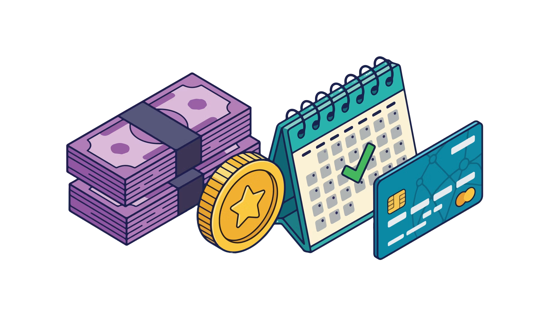 Illustration of cash, a coin, a billing calendar, and a payment card representing predictable pricing