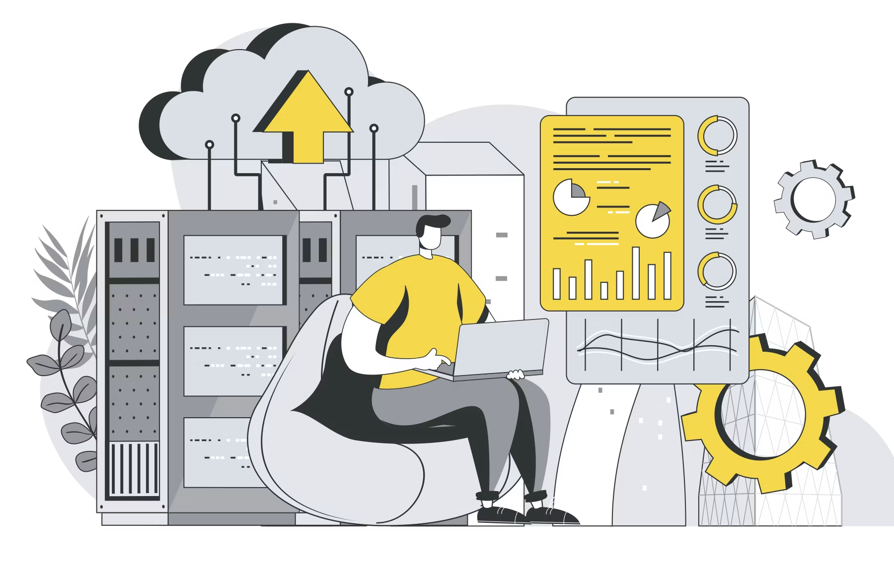 Illustration of server racks, cloud sync, and an analytics dashboard representing scalable infrastructure