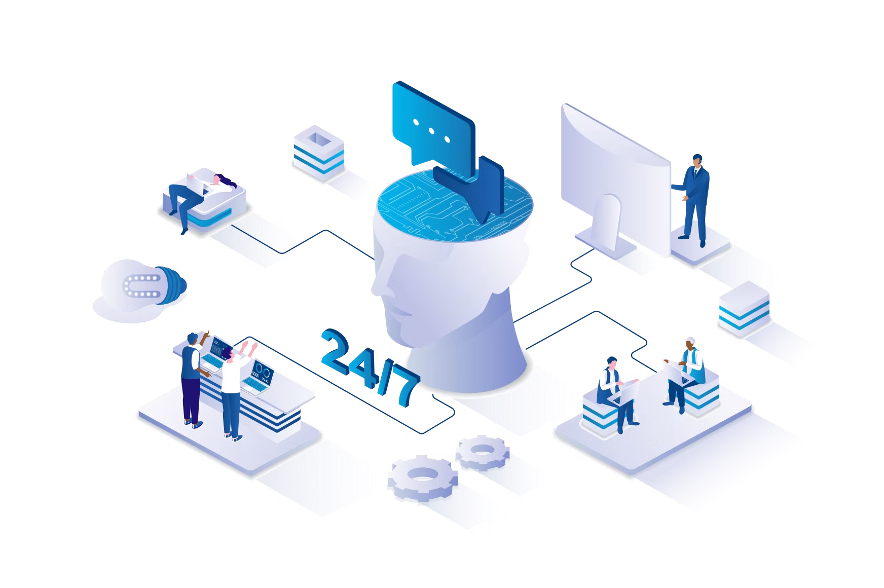 Illustration of a 24/7 support team helping a reseller's customer