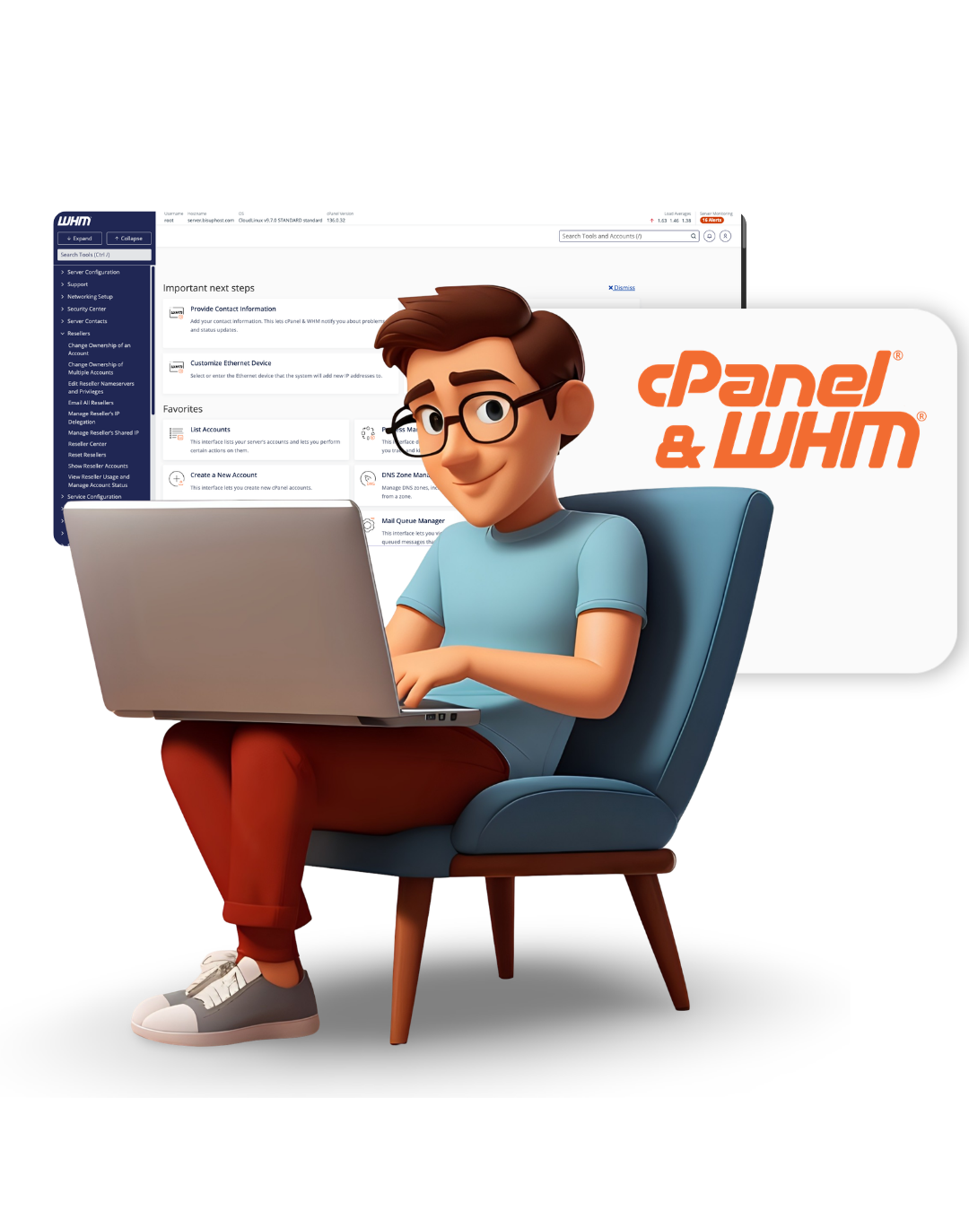 Illustration of a reseller managing hosting accounts through cPanel and WHM