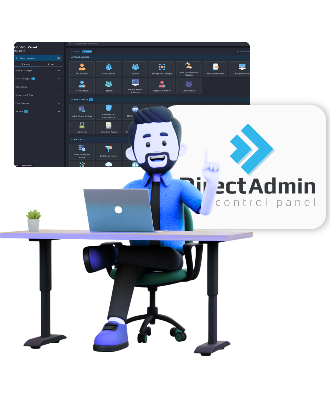 Illustration of a reseller managing hosting accounts through the DirectAdmin control panel