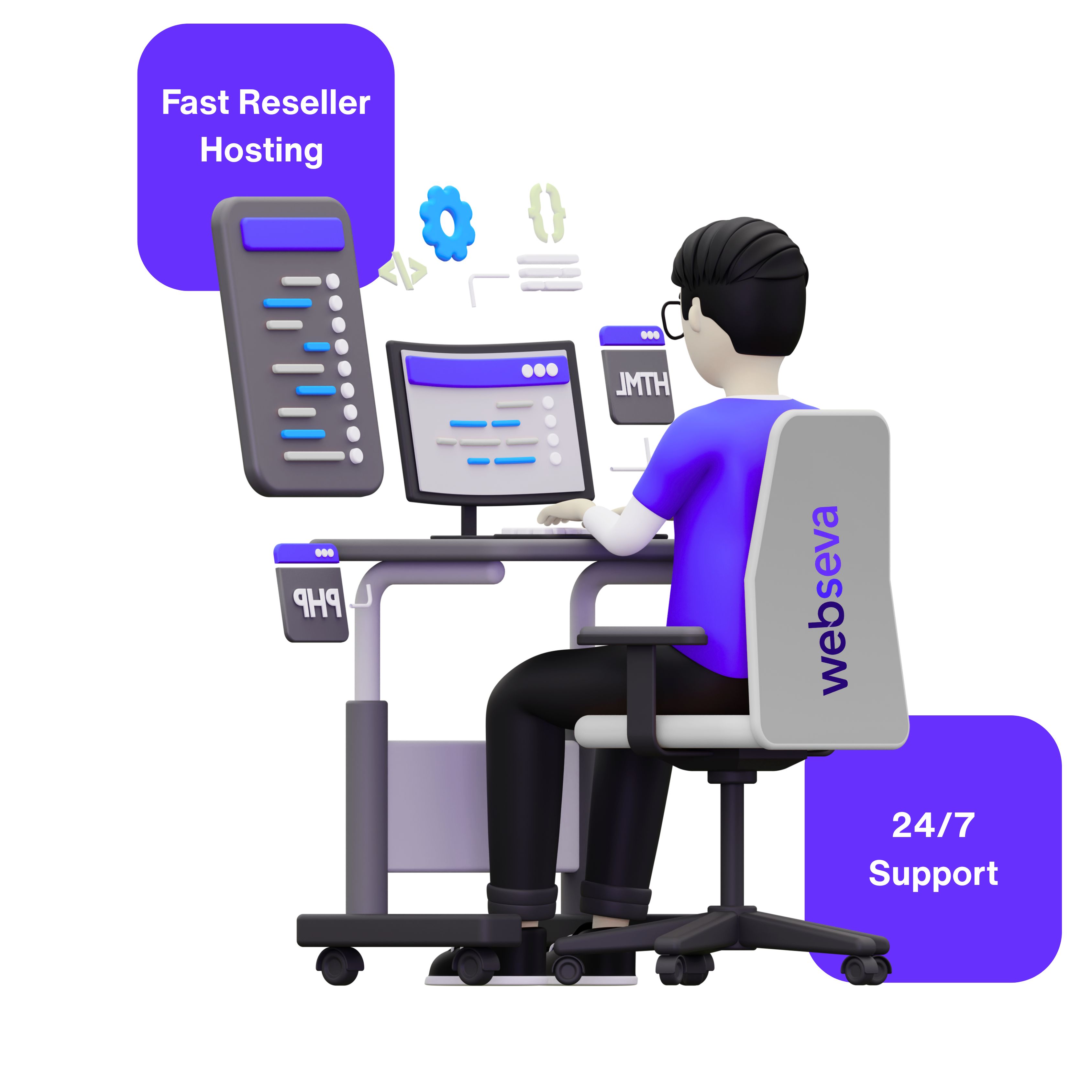 Illustration of a hosting entrepreneur managing their reseller business, backed by WebSeva infrastructure
